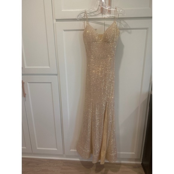 Sherri Hill Sequin Gown Gold Formal Prom Evening Dress Open Back Slit Size 8 - Picture 1 of 7